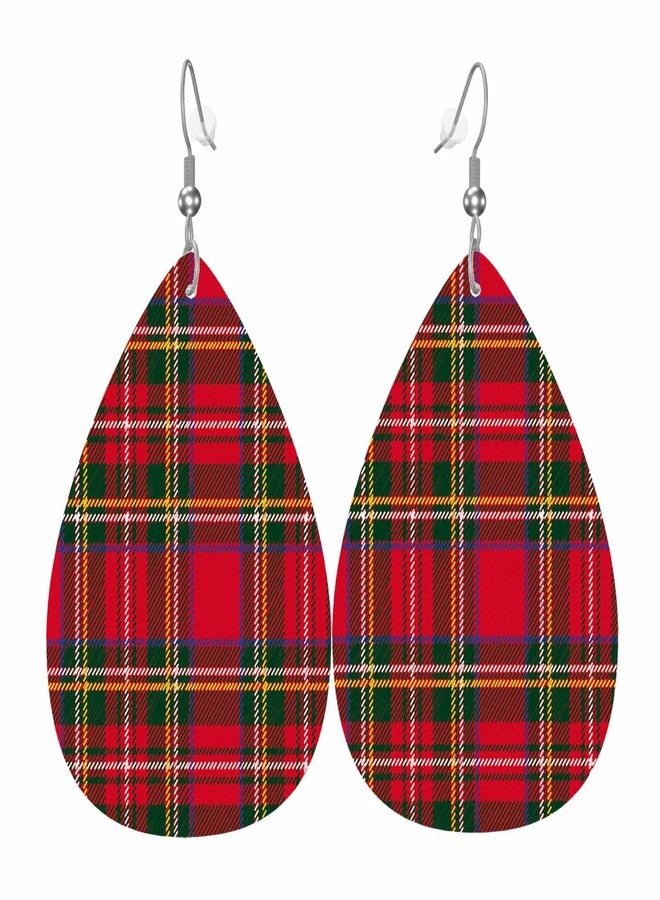 TKS MITLAN Tartan Plaid Teardrop Double-sided Leather Earrings Traditional Red Black Green Scottish Christmas New Year Decor for Women Fashion and Valentine Birthday Party Gift - Image 1